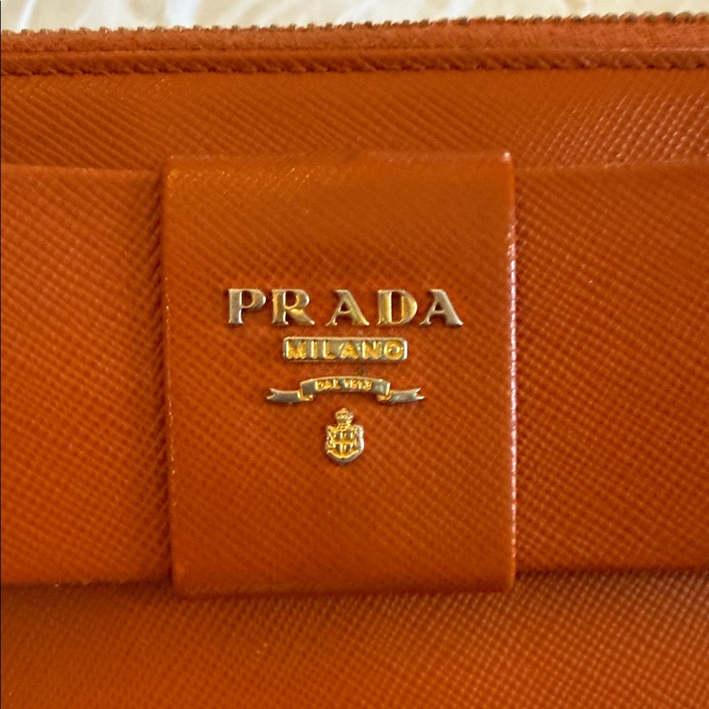 Prada Saffiano Leather Bow Zip Wallet - Cognac Brown - Picture 3 of 8